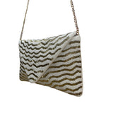 White & Gold Zigzag Pattern  Beaded Envelope Clutch with Chain Strap