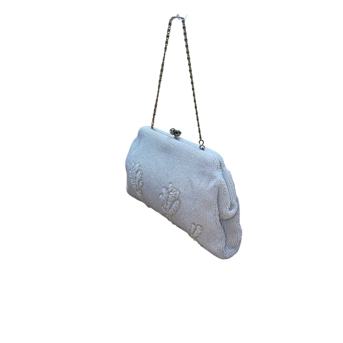 La Regale Women’s Ivory Beaded Floral Detail Evening Bag W/ Chain Strap