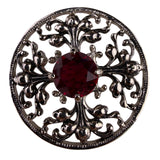 Silver Tone Womens Red Gemstone Filigree Round Brooch Pin Vintage Style