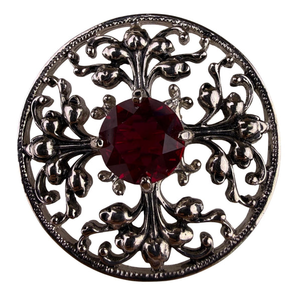 Silver Tone Womens Red Gemstone Filigree Round Brooch Pin Vintage Style
