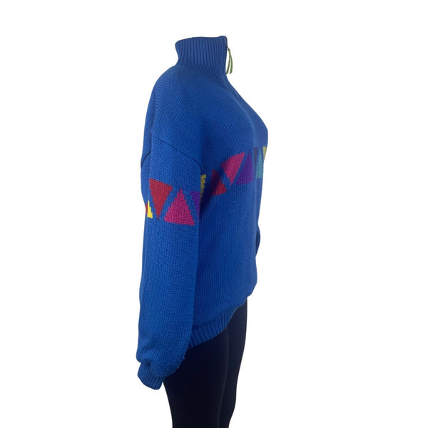 Sos Redline Vintage Unisex Blue Half-Zip Sweater With Triangle Pattern