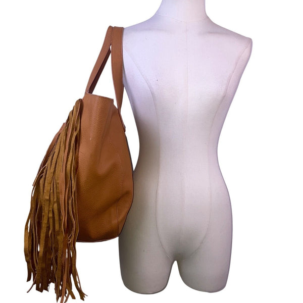 Expressions NYC Women’s Camel Brown Faux Leather Double Handle Fringe Tote Bag