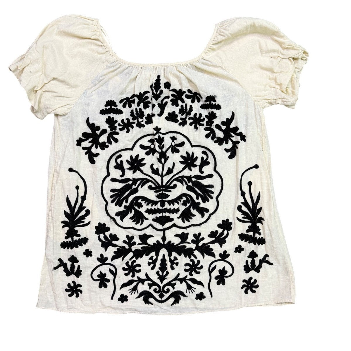 White Womens Cotton Embroidered Floral Short Sleeve Blouse Boho Casual Top Sz M