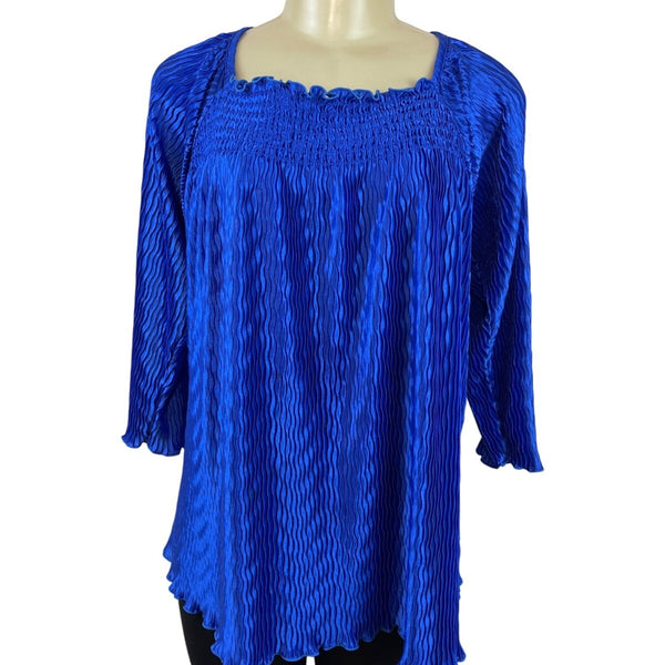 Magic It Fits Womens Blue Pleated 3/4 Sleeve Blouse