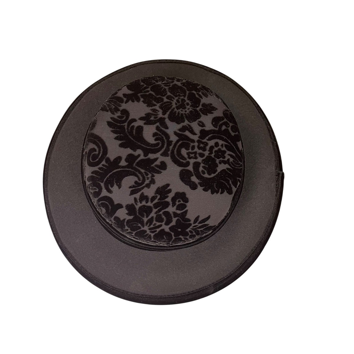Talbots Women’s Black Velvet & Damask Wide Brim Hat Elegant Floral Pattern