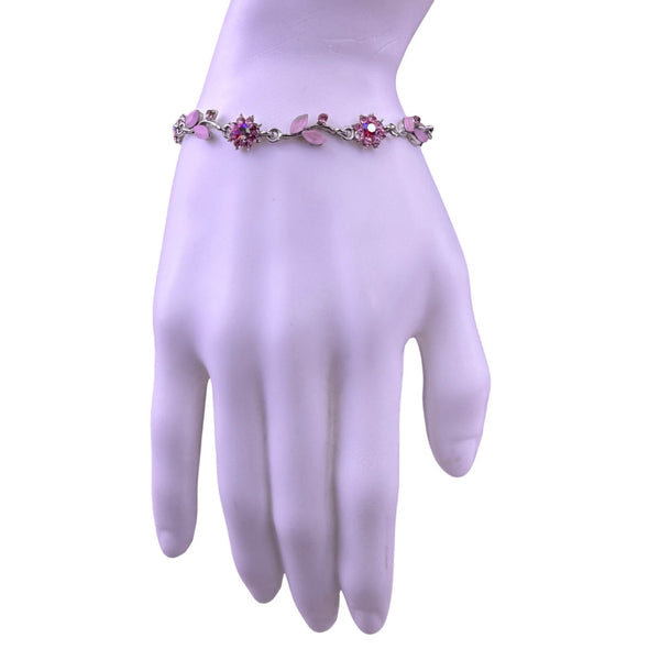 Silver-Plated Women’s Purple Floral Leaf Bracelet Rhinestone Fashion Jewelry 