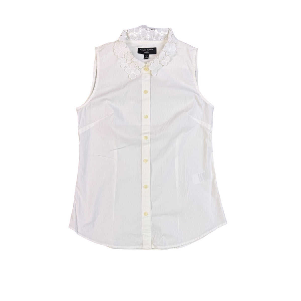 Banana Republic Womens White Sleeveless Button-Up Blouse With Lace Collar Size 4