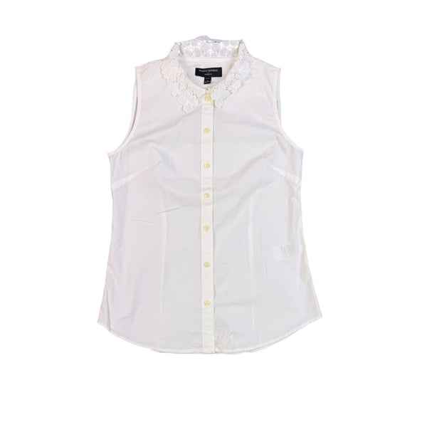 Banana Republic Womens White Sleeveless Button-Up Blouse With Lace Collar Size 4