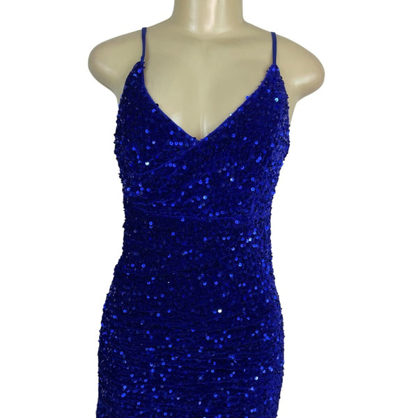 JJ’s House Women’s Royal Blue Sequin Mini Dress With Spaghetti Straps Sz S - New
