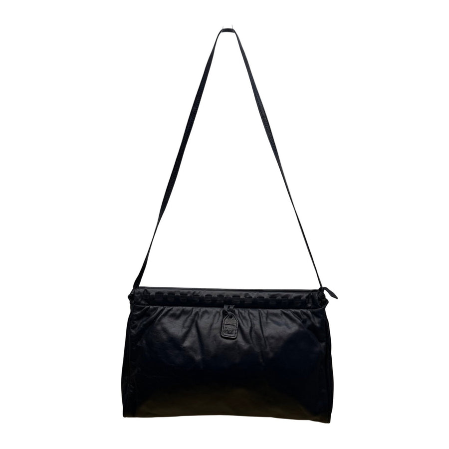 Anne Klein Women’s Dark Blue Leather Soft Woven Detail Logo Tag Shoulder Bag