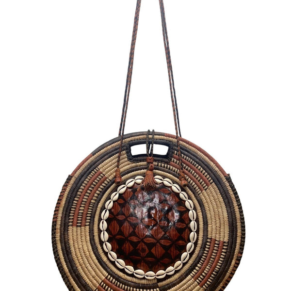 Women’s Woven Straw & Leather Multicolor Round Handbag With Cowrie Shell Trim