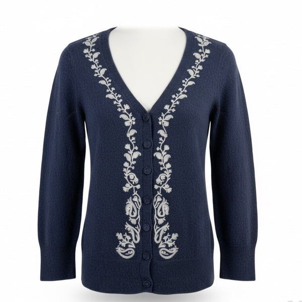 Lucky Brand Womens Navy Embroidered Button-Up Cardigan Size S