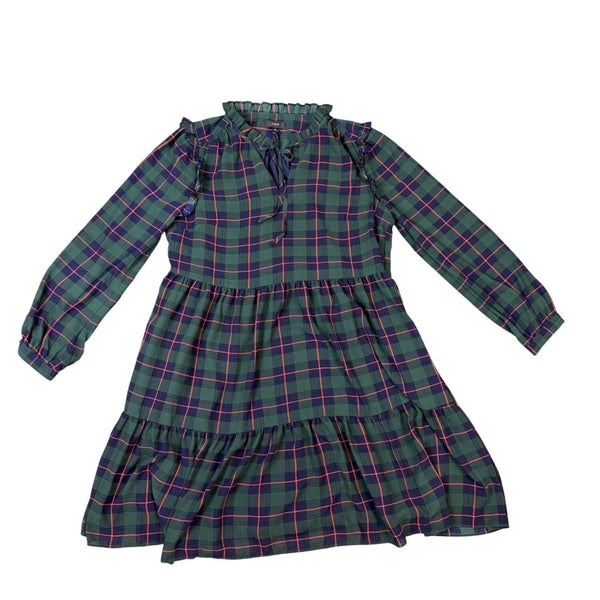 J.Crew Womens Green Plaid Polyester Long Sleeve Tiered Midi Dress Size L