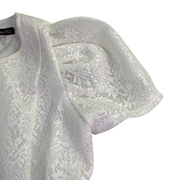 C By CQ Womens White Lace Puff-Sleeve Tiered Dress Floral Fully Lined Sz M