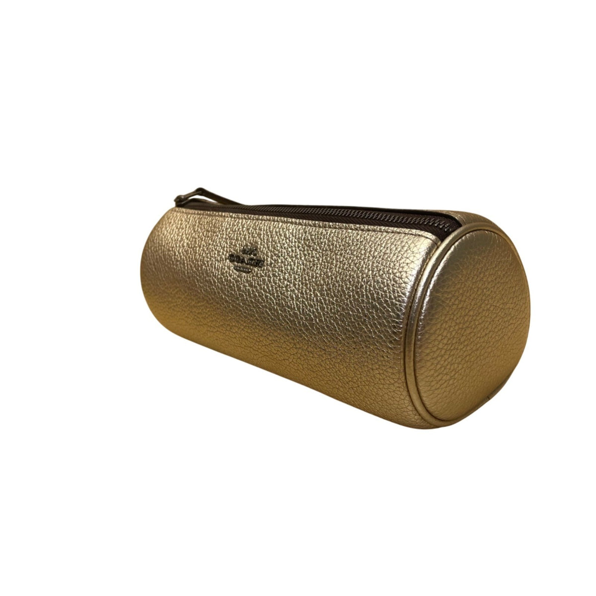 Coach Women’s Gold Metallic Leather Cylinder Zippered Makeup Bag Purse Pouch