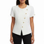Tahari Womens White Polyester Short Sleeve Gold Button Detail Blouse Size 4