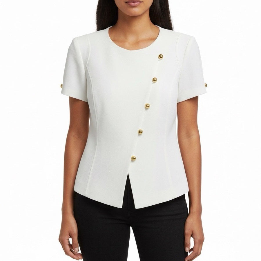Tahari Womens White Polyester Short Sleeve Gold Button Detail Blouse Size 4