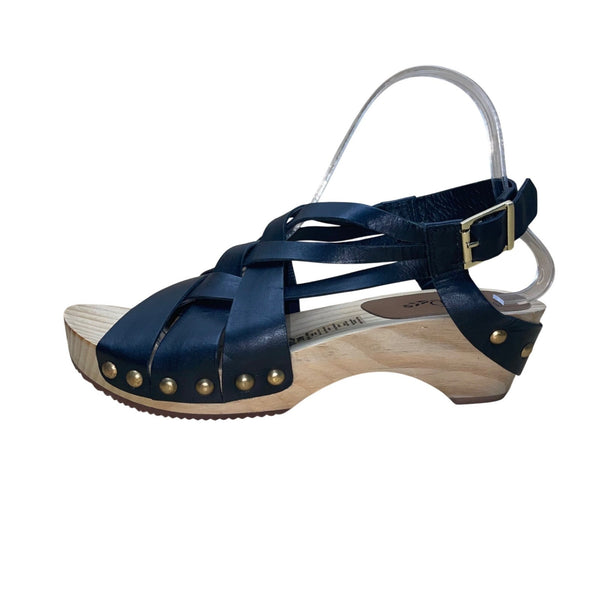 Jax & Bard Women’s Black Leather Studded Style Wooden Base Sandals Size 8.5-9 US