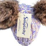 Simplicity Womens Lavender/Beige Knit Hat With Faux Fur Pom-Poms Warm Winter