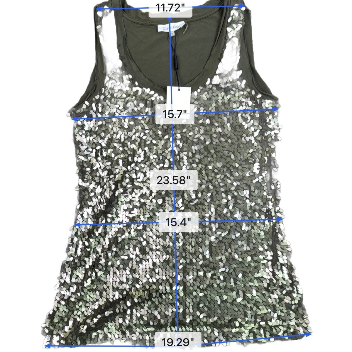 Calvin Klein Womens Olive Sequined Tank Top Petite Stylish Lightweight Sz M