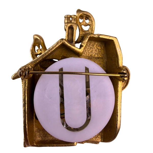 Vintage Halloween Gold Tone Haunted House Brooch Ghost Accents Collectible