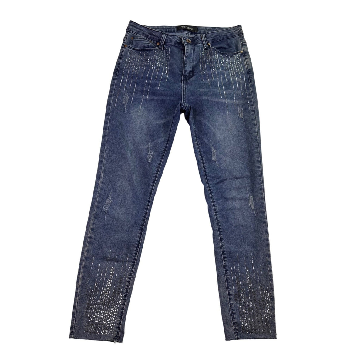 Be You Womens Blue Denim Embellished Distressed Skinny Jeans Size L