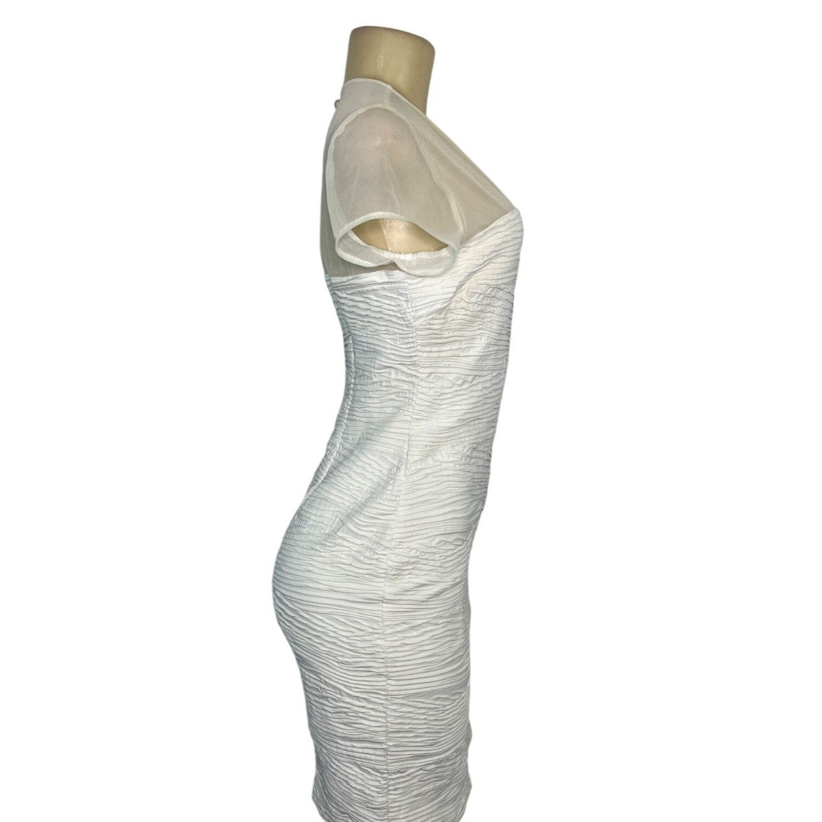 Cache White Mesh Sheer Cap Sleeve Ruched Mini Dress Size 8