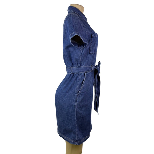 J. Crew Womens Blue Cotton Denim Belted Shirt Dress Pocket Detail Casual Size O