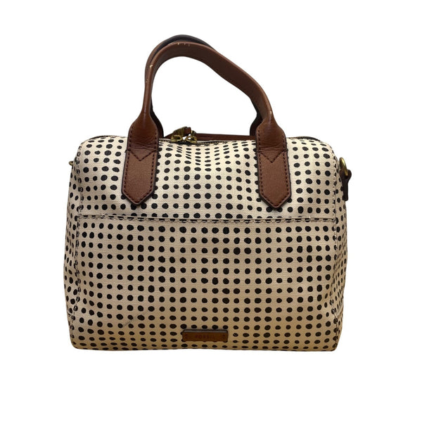 Fossil Women’s White/Black Polka Dot With Brown Handles Duffel Satchel Tote