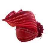Elegant Red Sinamay Womens Hat With Floral Accents & Decorative Mesh Detailing