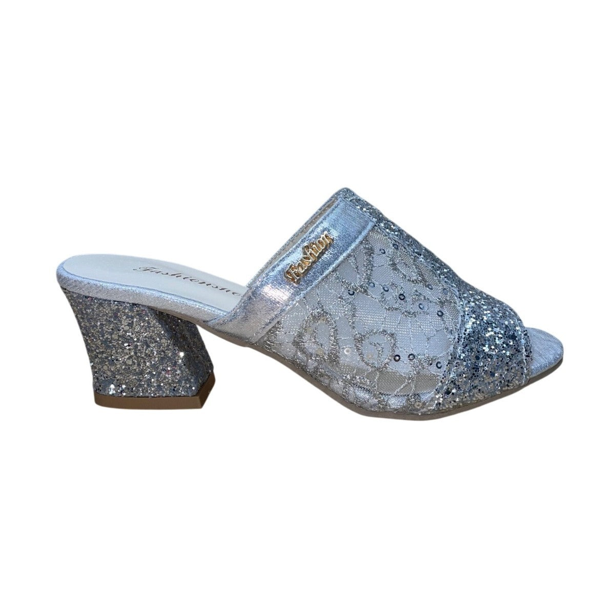 FashionShoes Women’s Silver Glitter Mesh Chic Slip-On Open-Toe Block Heel Sz 37