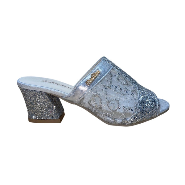 FashionShoes Women’s Silver Glitter Mesh Chic Slip-On Open-Toe Block Heel Sz 37