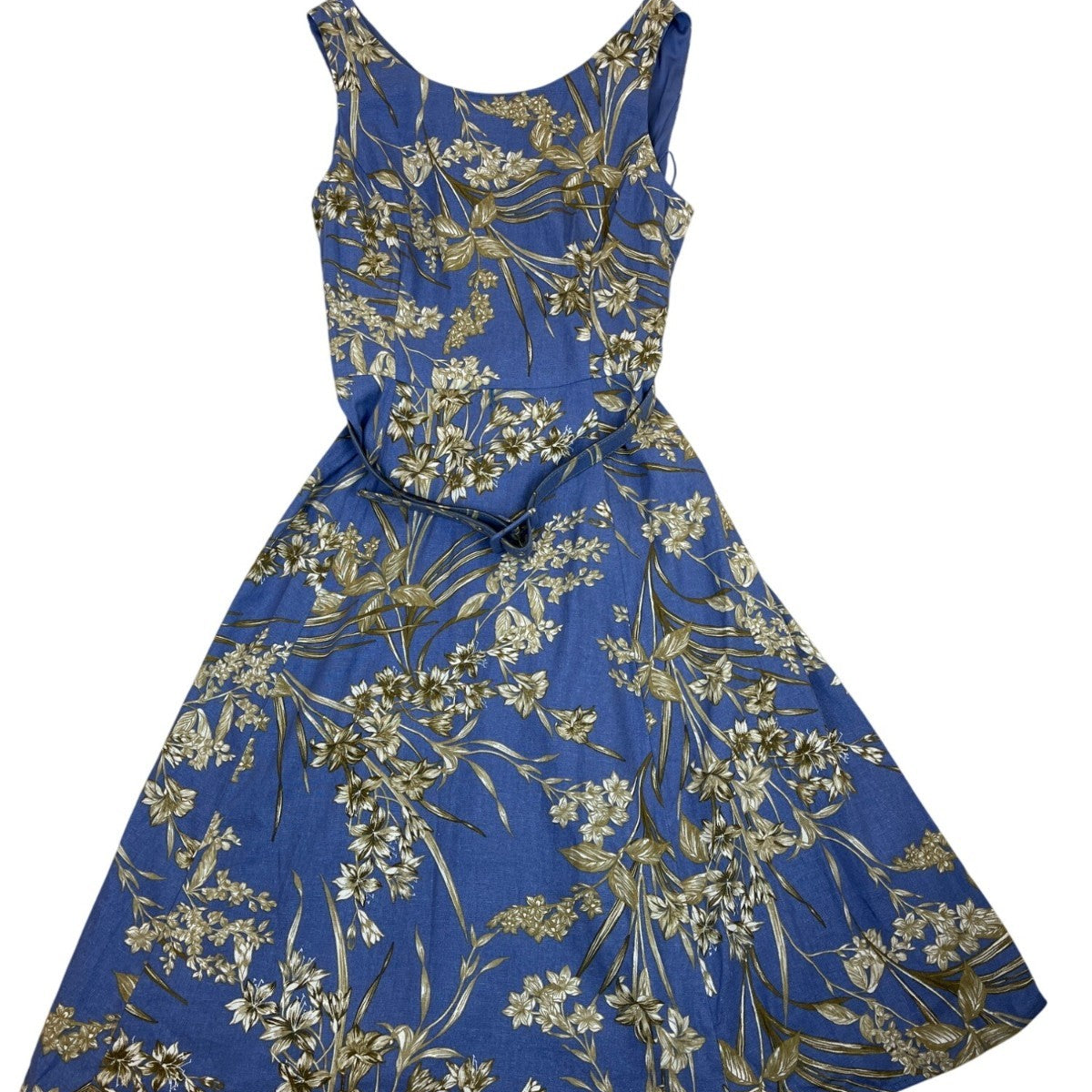 London Times Womens Blue Gold Floral Sleeveless Belted Midi Dress Size 10 - New