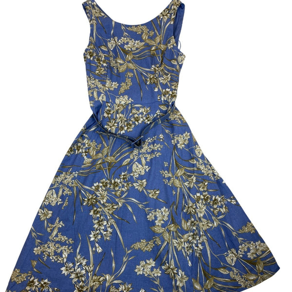 London Times Womens Blue Gold Floral Sleeveless Belted Midi Dress Size 10 - New