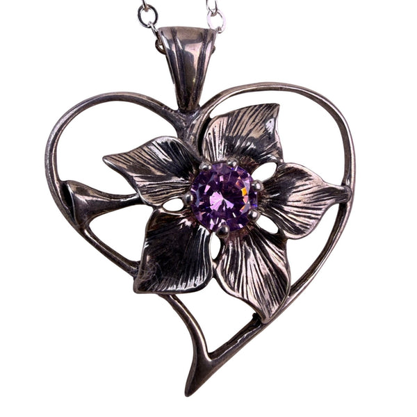 Sterling Silver 925 Womens Purple Crystal Flower Heart Pendant Necklace Italy