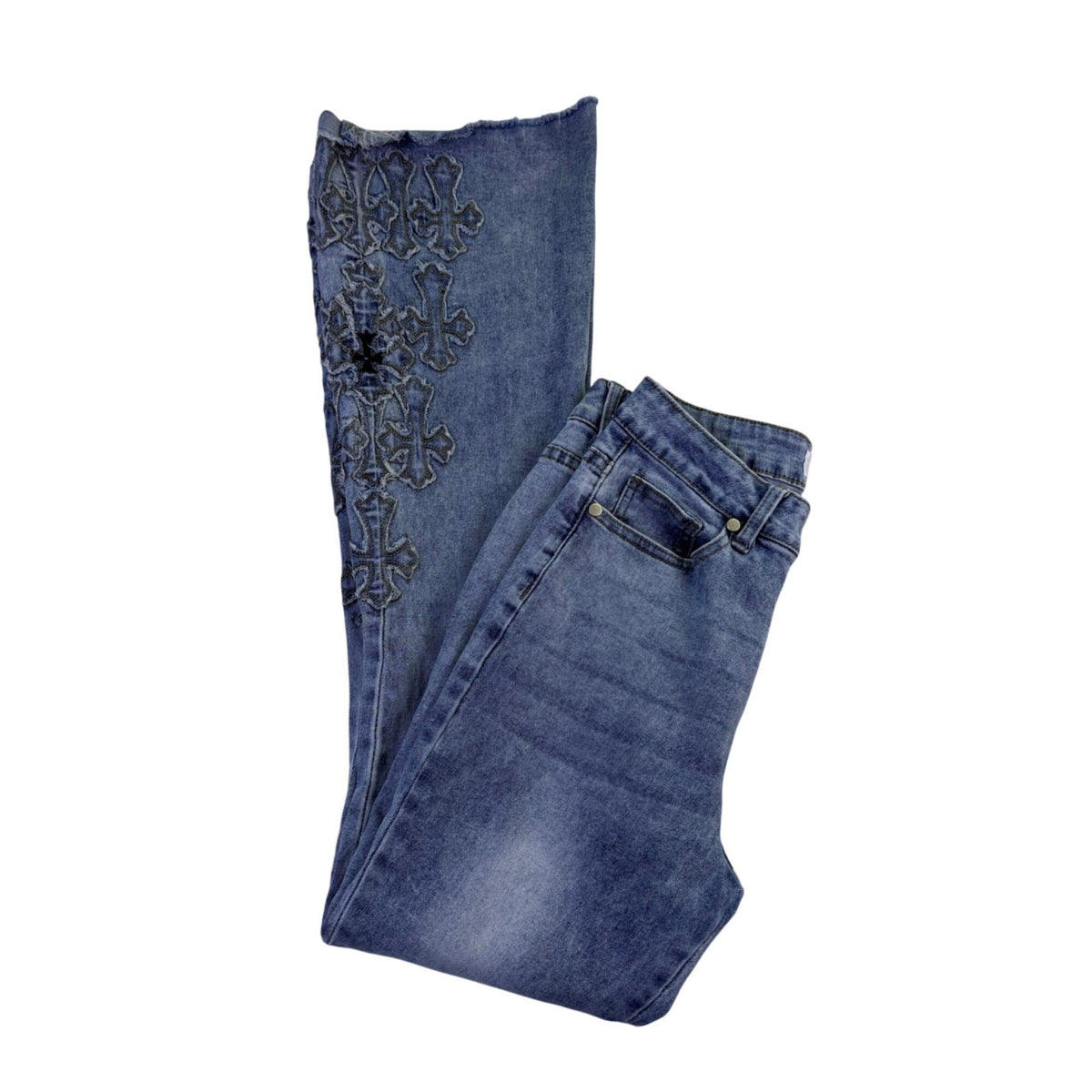 Bamboo Womens Blue Denim Embroidered Flare Jeans Raw Hem Size 7/28