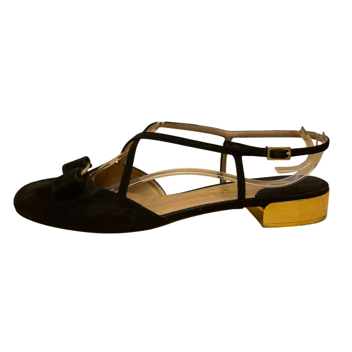 Salvatore Ferragamo Women’s Black Suede Bow Gold Accent Heel Sandals Size 10B