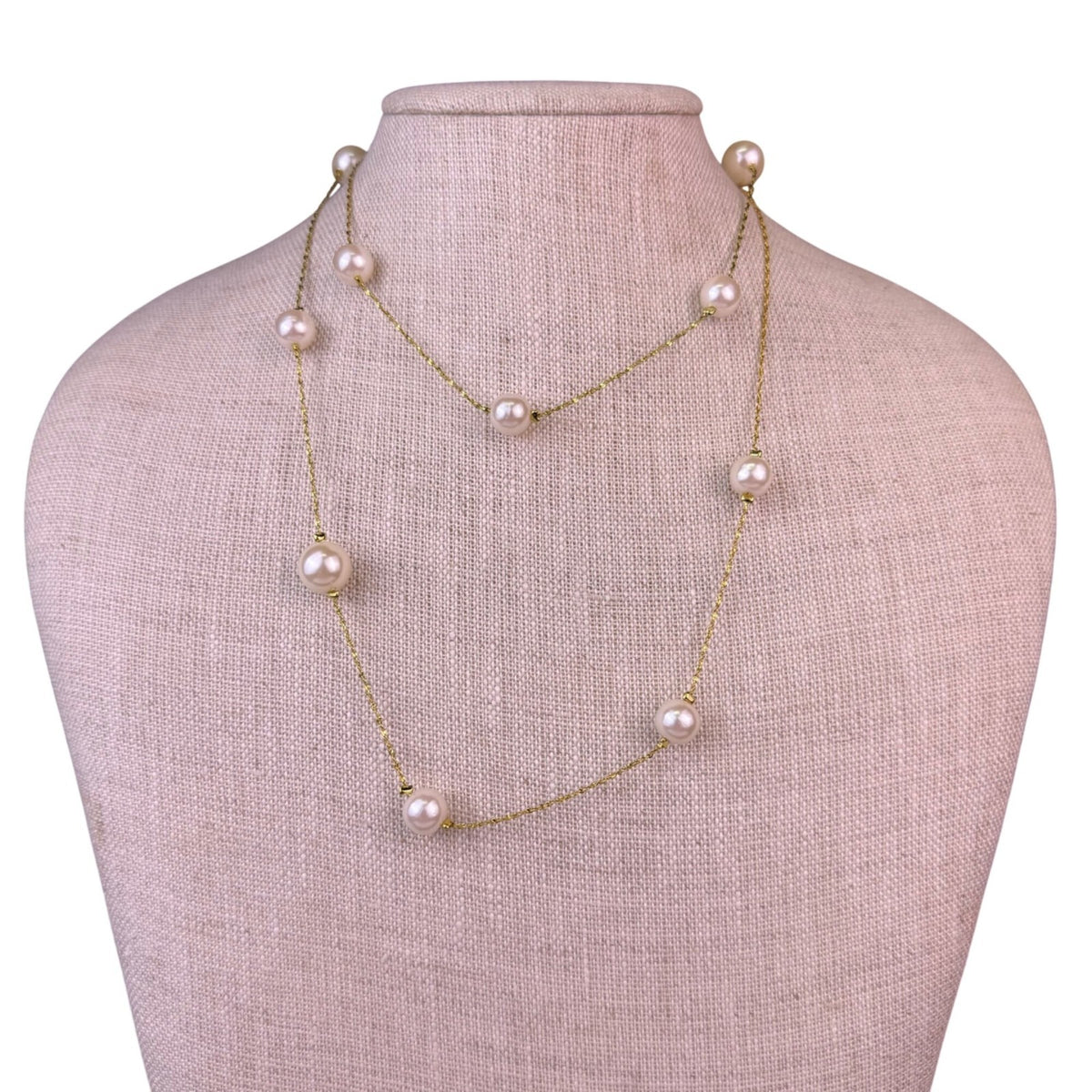 Gold-Tone Womens Faux Pearl Long Necklace Chain Embellished Station Style