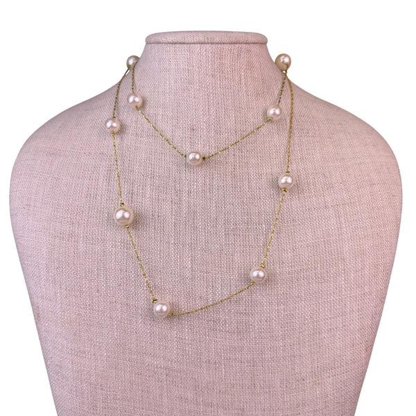 Gold-Tone Womens Faux Pearl Long Necklace Chain Embellished Station Style