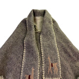 Womens Beige Alpaca-Inspired Embroidered Wool Poncho W/ Fringe & Fur Trim