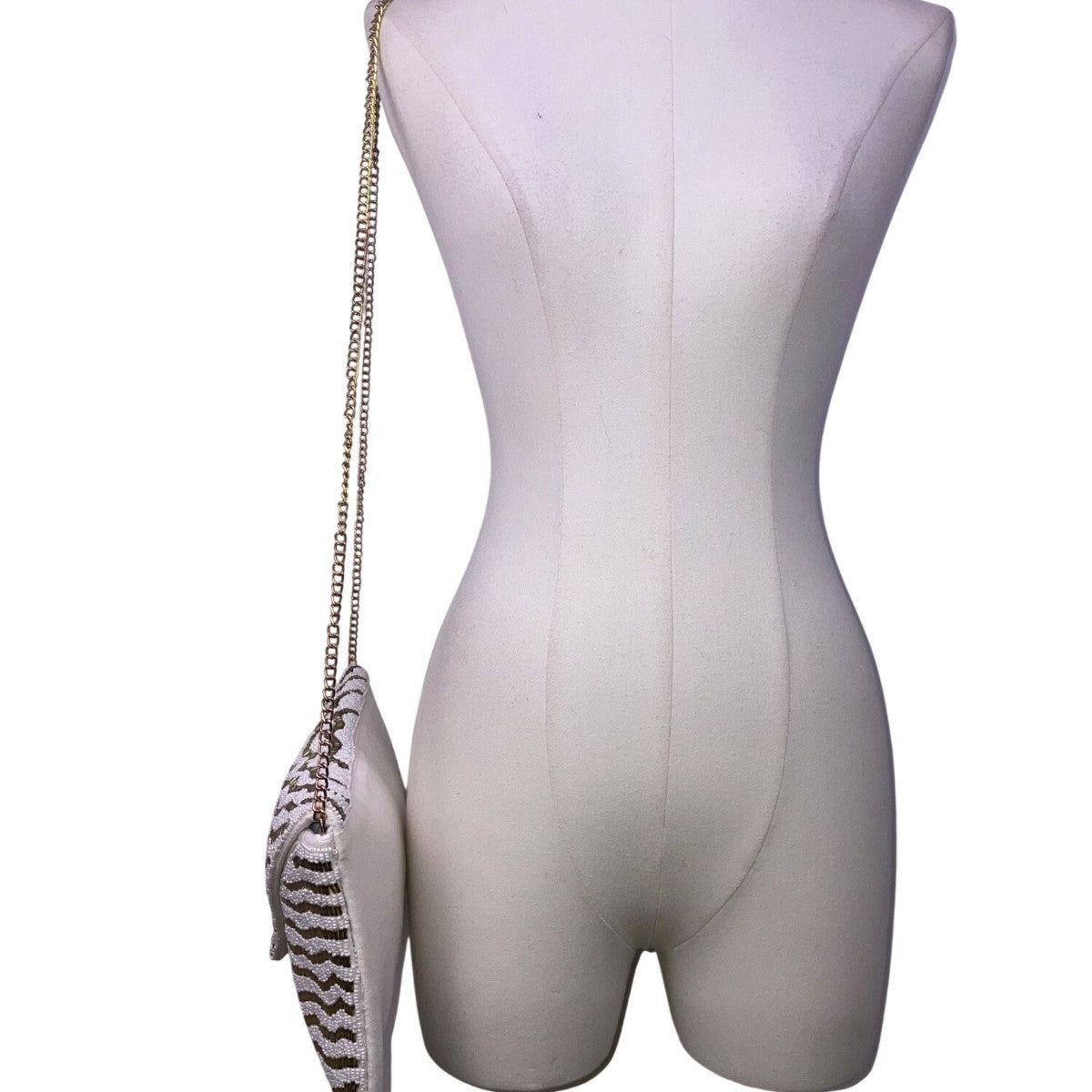 White & Gold Zigzag Pattern  Beaded Envelope Clutch with Chain Strap