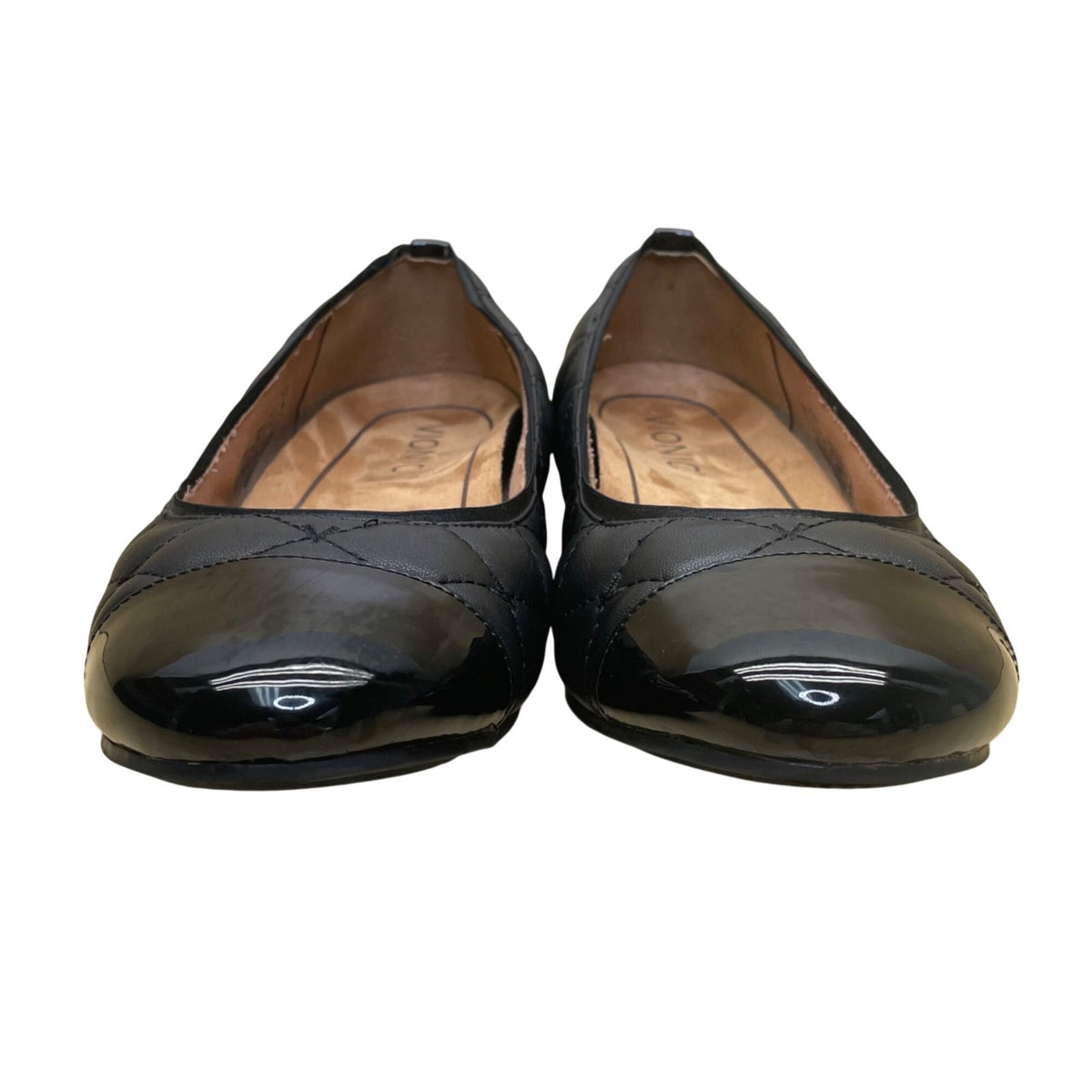 Women’s Black Quilted Leather Desiree Patent Cap Toe Flats Size 6.5