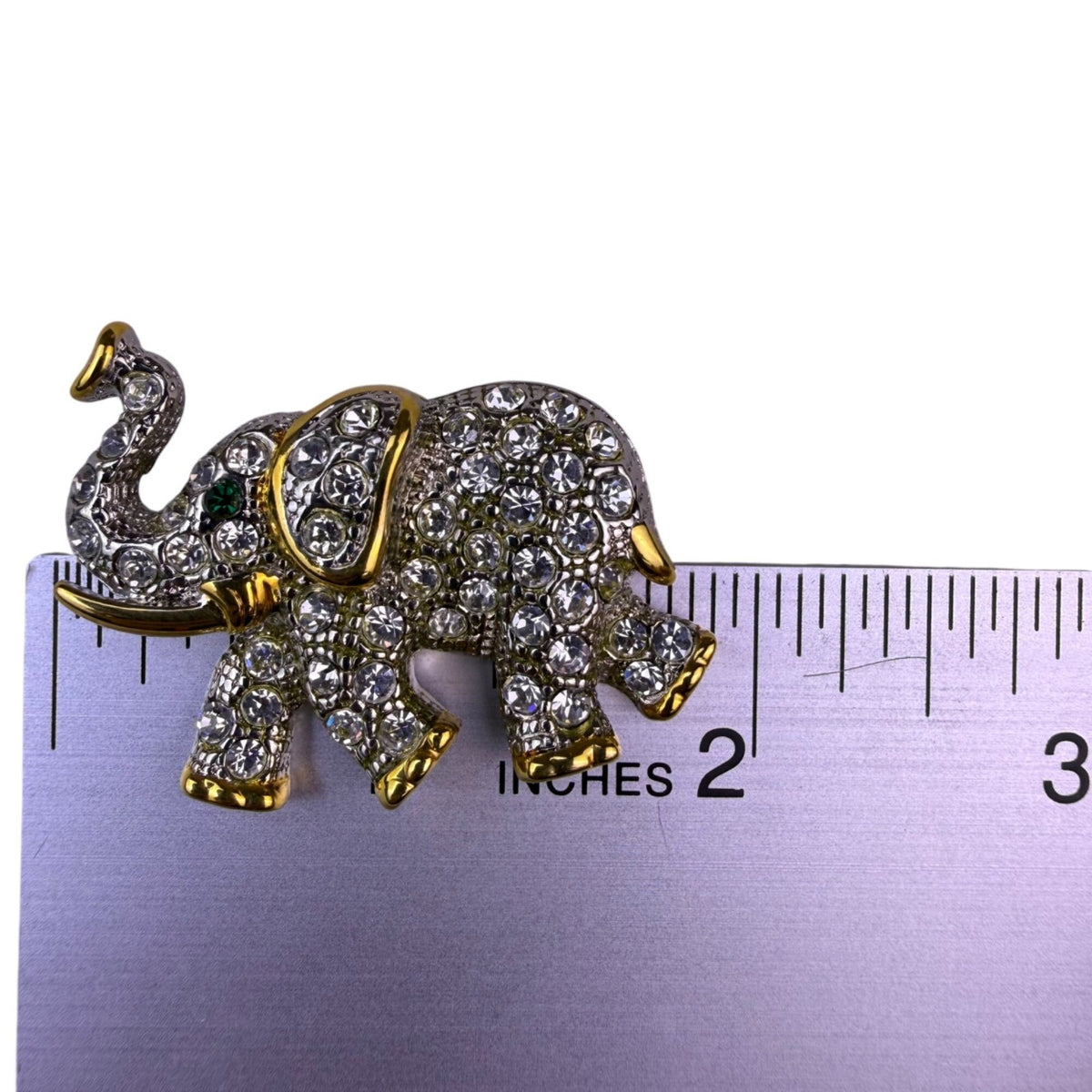 Vintage Gold Tone Rhinestone Elephant Brooch With Green Eye Jewelry Accessory