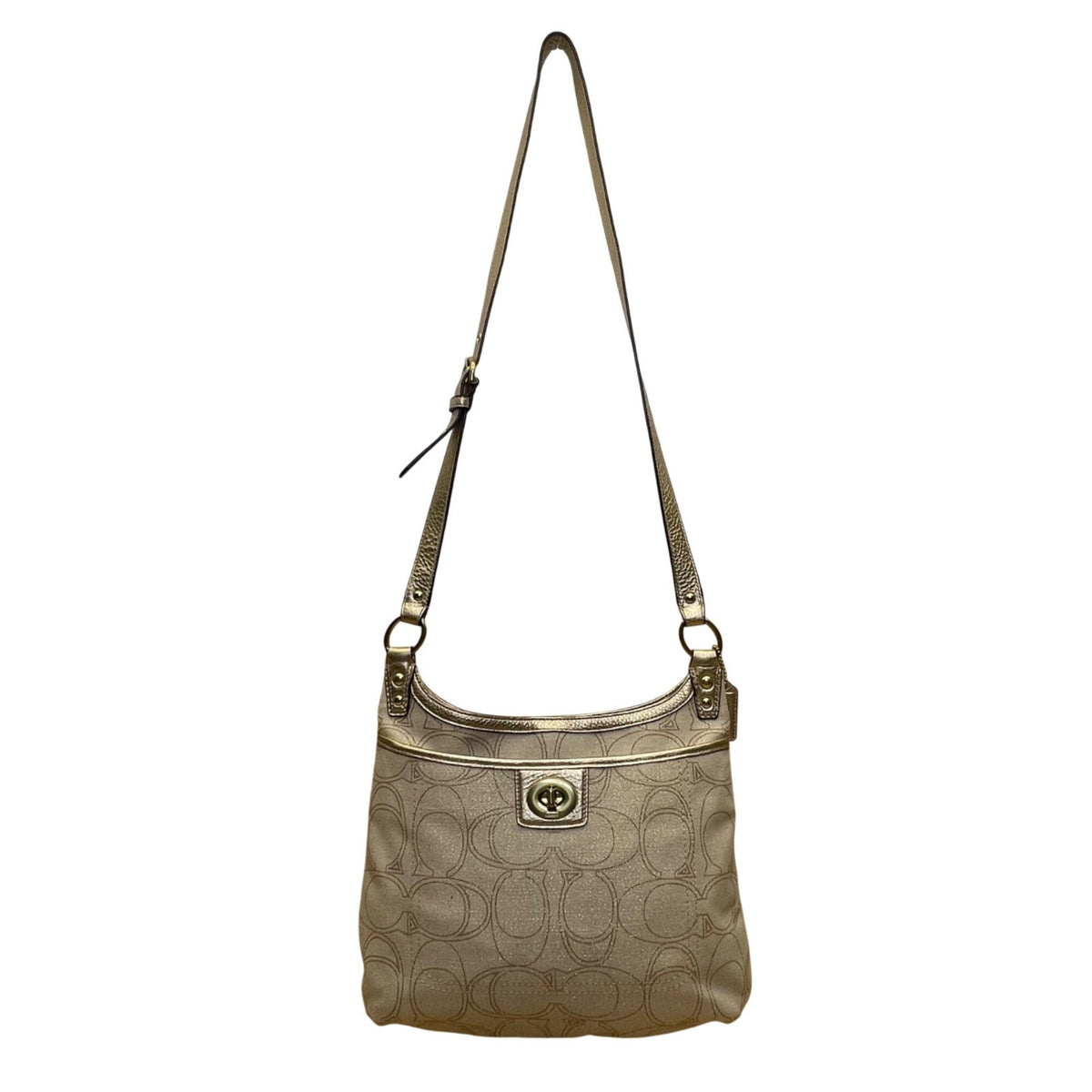 Coach Women’s Gold Signature Jacquard Leather Trim Adjustable Strap Shoulder Bag