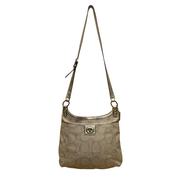 Coach Women’s Gold Signature Jacquard Leather Trim Adjustable Strap Shoulder Bag