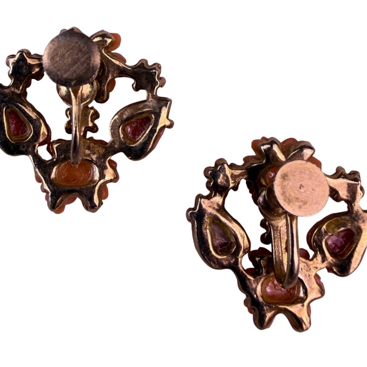 Vintage Womens Orange & Red Celluloid Floral Screw Back Earrings