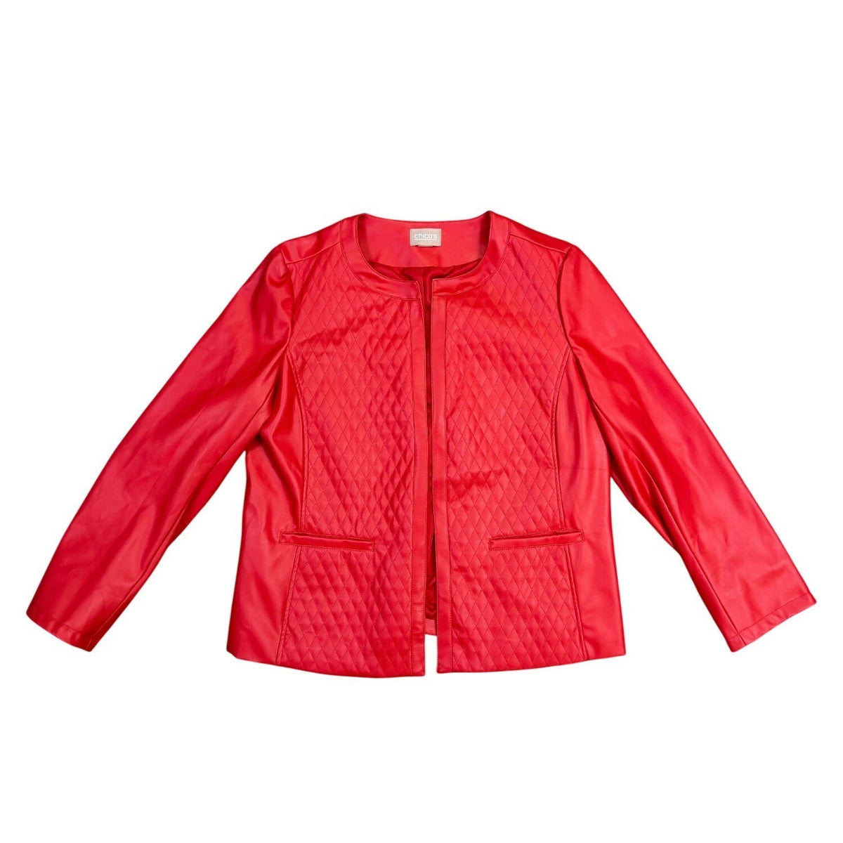 Chicos Red Quilted Faux Leather Jacket Open Front Diamond Stitching Women Sz1