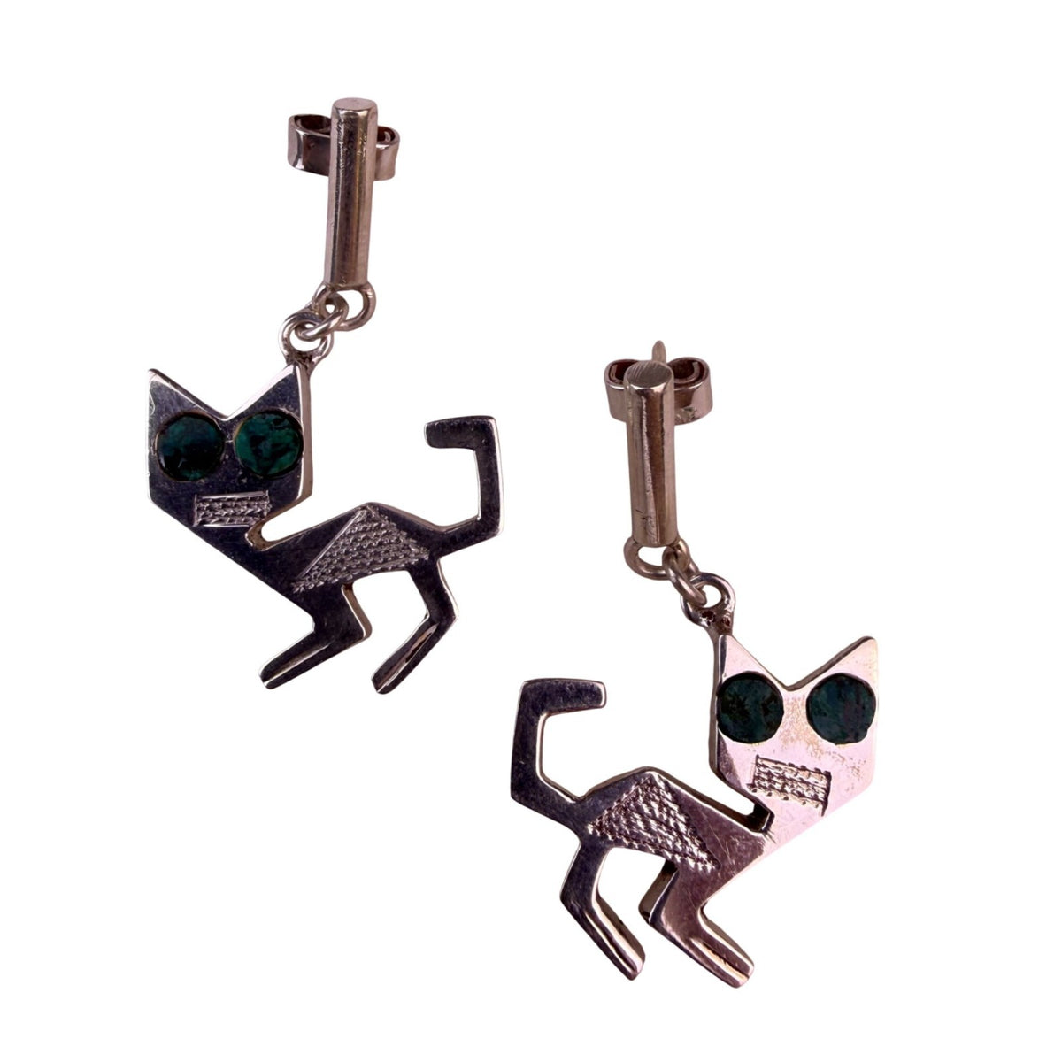 Sterling Silver Womens Necklace & Earrings Set Stylized Cats Green Stone Inlays