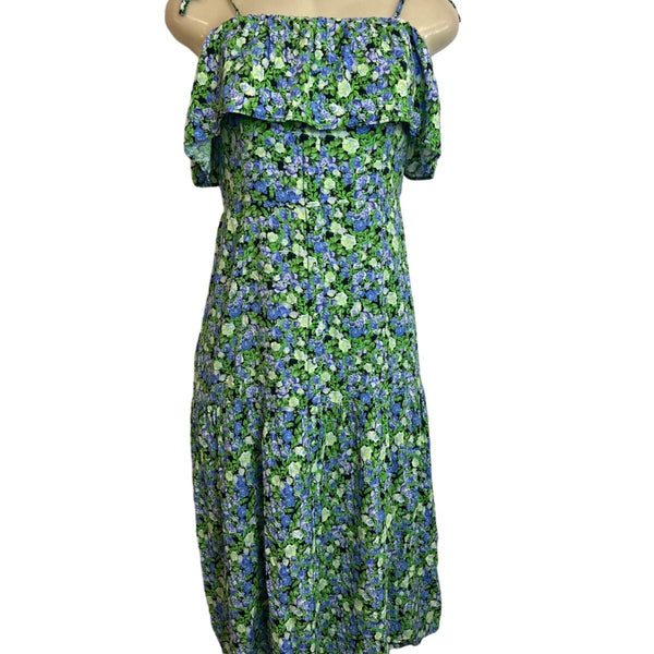 Hit Women's Green Floral Print Midi Loupette Sleeveless Dress Sz M