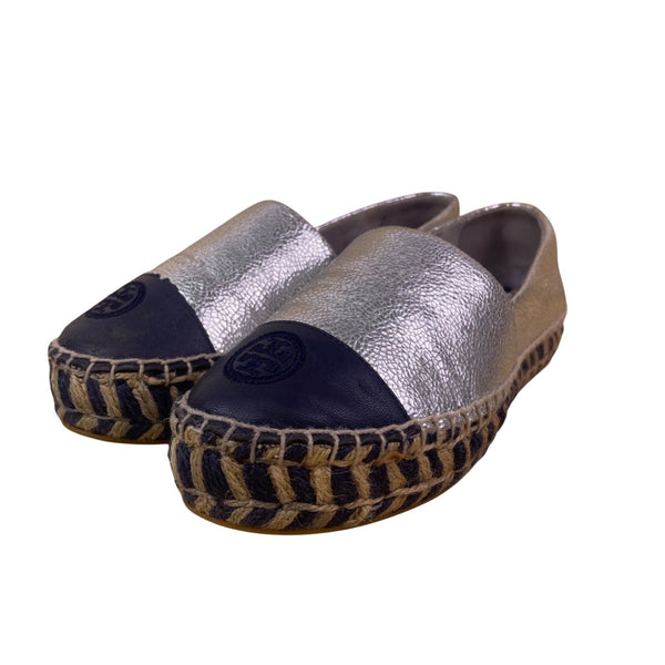 Tory Burch Women’s Silver & Blue Leather Metallic Slip-On Espadrille Shoes Sz 7M